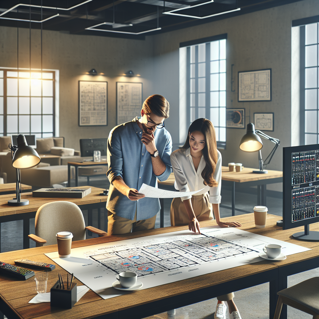 AV team members collaborating in modern office reviewing event lighting plans